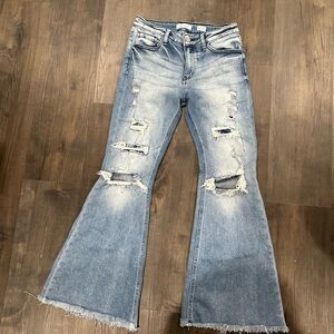 KanCan Distressed Mid-Rise Super Flare Jeans - Medium Blue